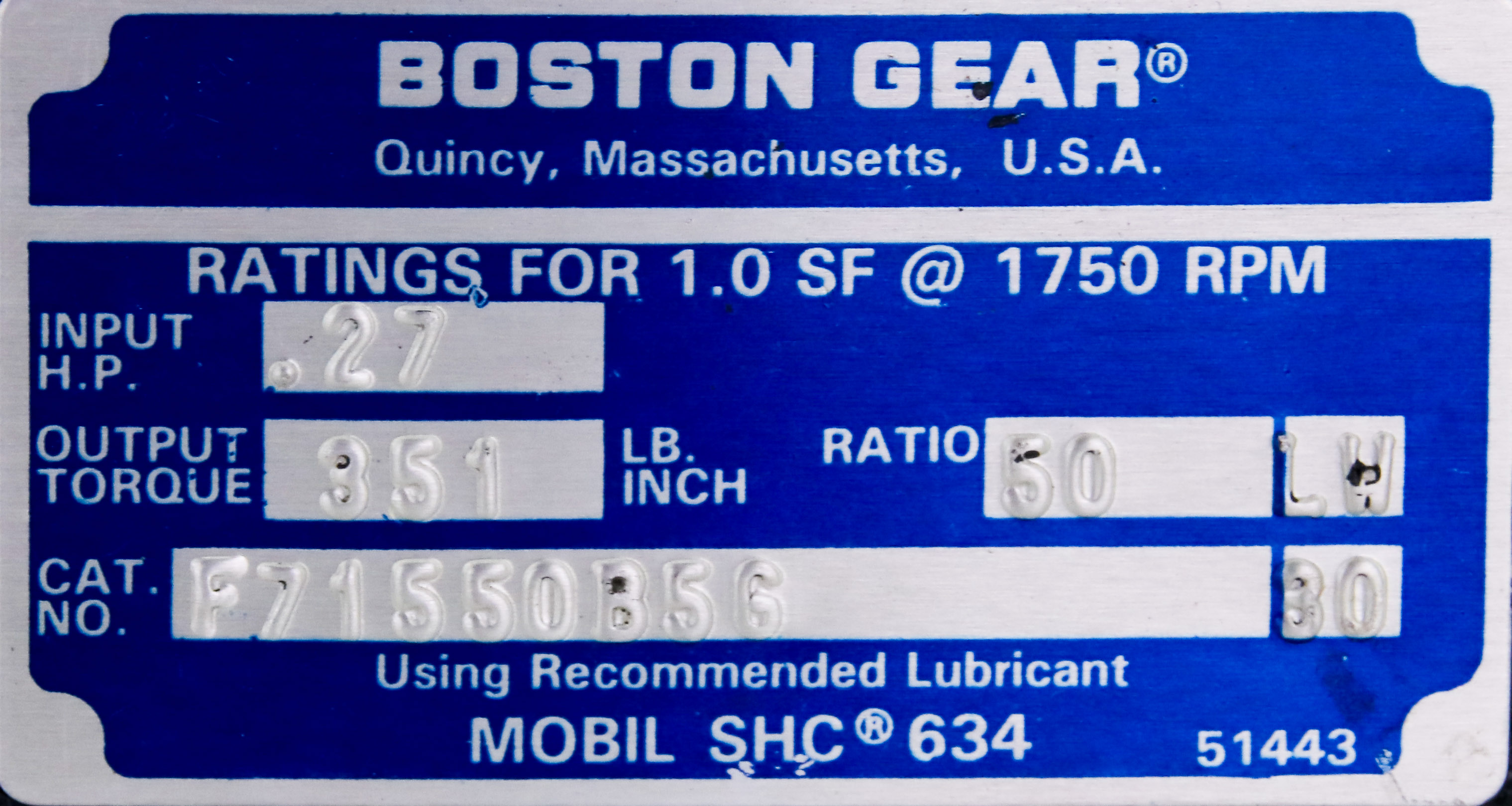 11641 BOSTON GEAR 700 SERIES GEAR SPEED REDUCER, 50:1, 0.27HP